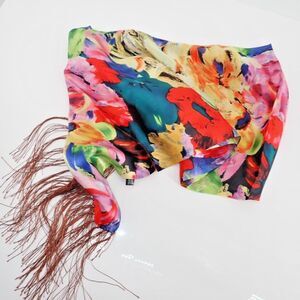 100% Silk Fringed Scarf Floral Print 45" x 11" Rectangular Multicolor New Wrap